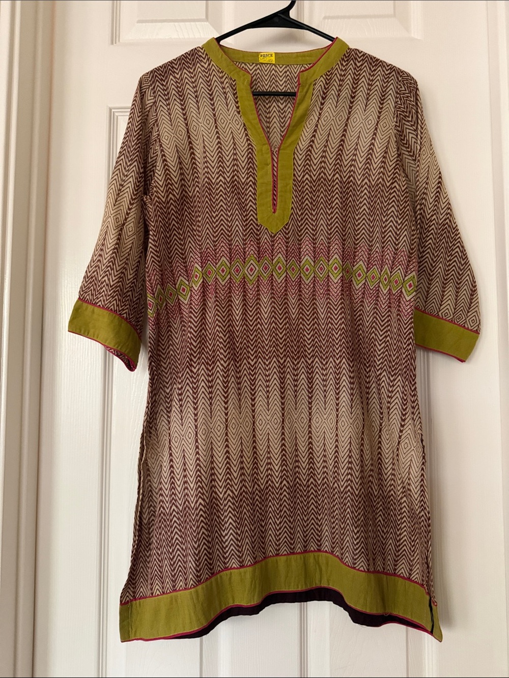 Women's beige-brown geometric Print Tunic with Olive Trim